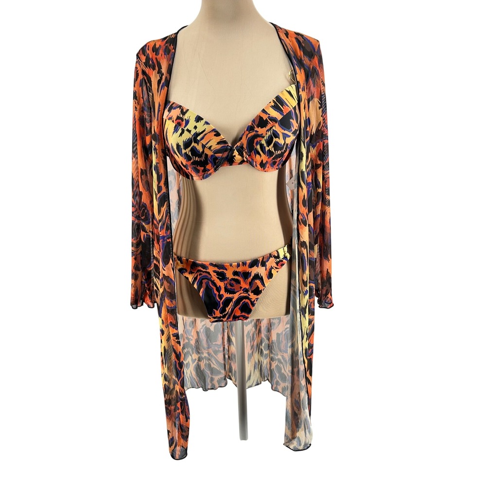 3 Piece Animal Print Bikini Set with Mesh Cover Up‎ Orange Yellow Black Size M